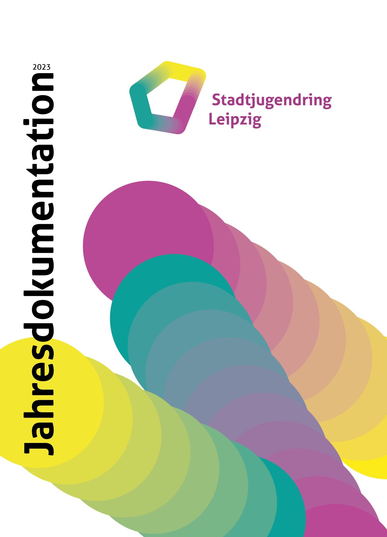 Cover des Jahresdokumentation des Stadtjugendrings Leipzig 2023 mit bunten Grafiken.