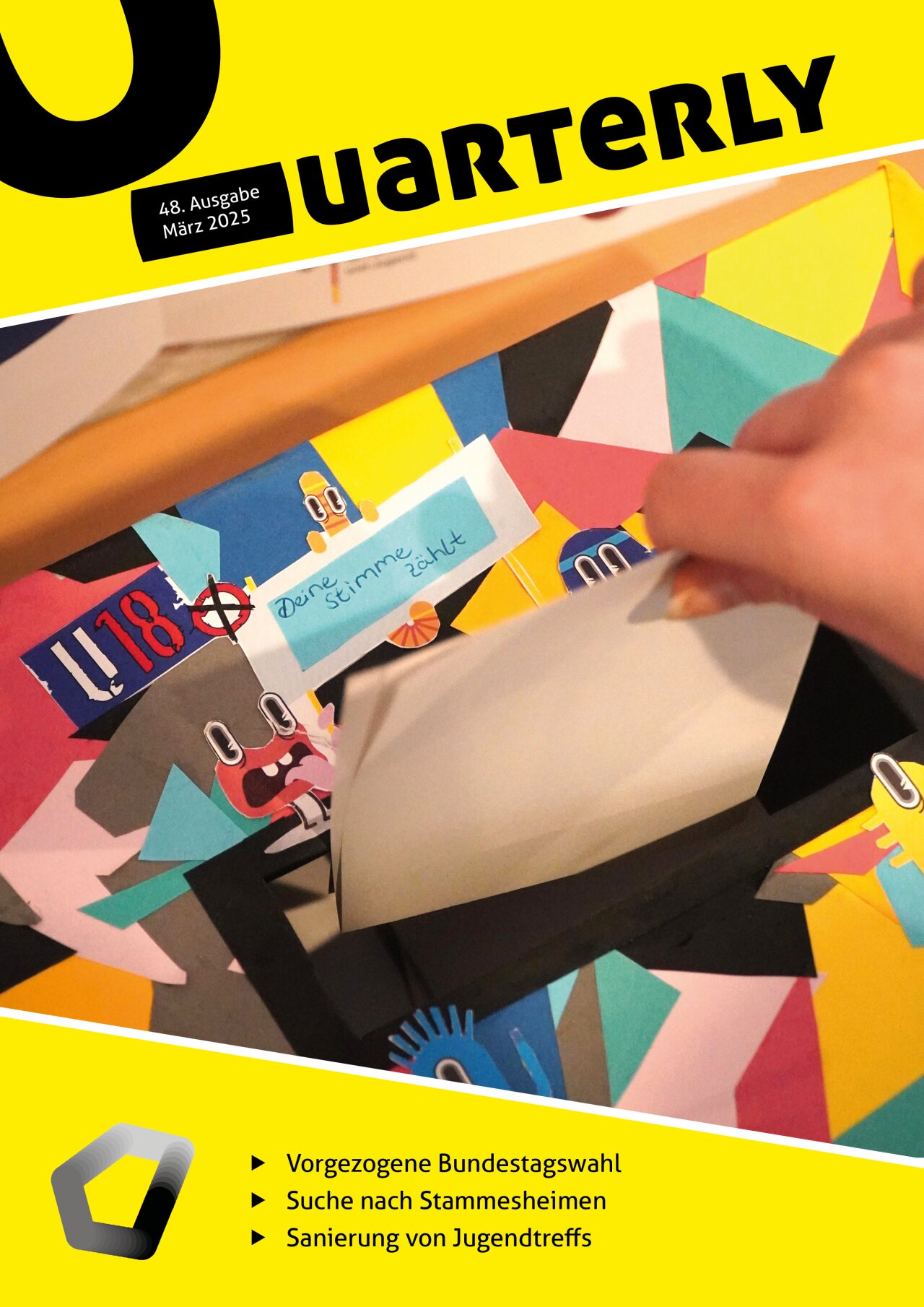Cover des 48. Quarterlys mit dem Bilder einer Wahlurne der U18-Wahl. Schwerpunktthemen sind die vorgezogene Bundestagswahl, die Suche nach Stammesheimen und die Sanierung von Jugendtreffs.