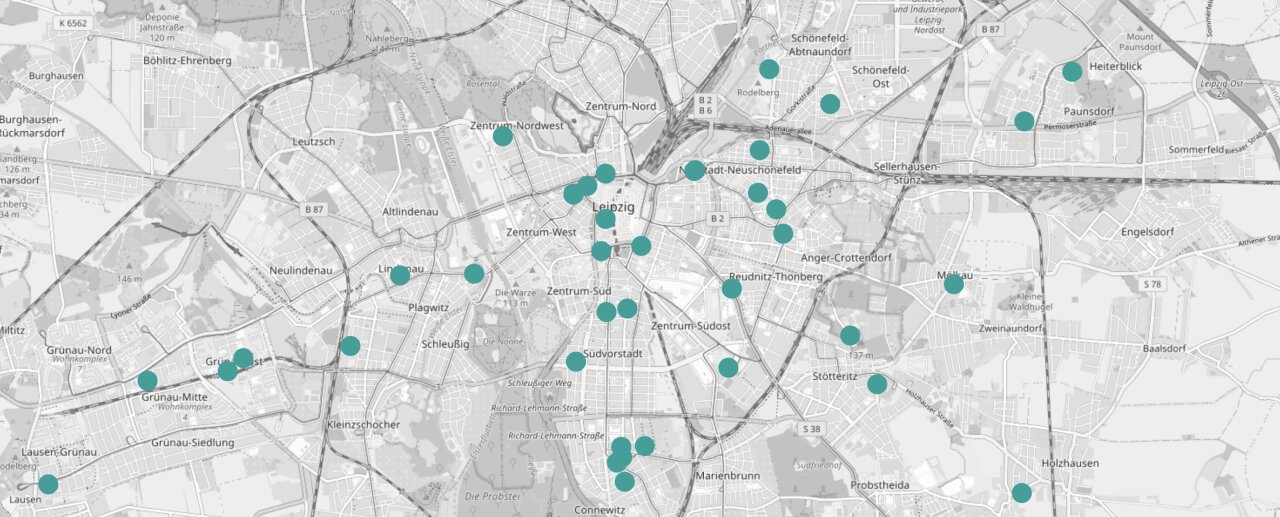 Kartenansicht von Leipzig mit Punkten der Geschäftsstellen von Mitgliedern.